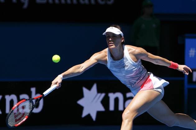 02.01.2017. Perth Arena, Perth, Australia. Mastercard Hopman Cup International Tennis tournament. Andrea Petkovic (GER) reaches for a fore hand deep in the back court during her match against Kristina Mladenovic (FRA). Petkovic won 6-2, 6-1. xDavidxWoodleyx  ActionPlus11824741