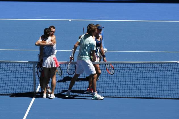 02.01.2017. Perth Arena, Perth, Australia. Mastercard Hopman Cup International Tennis tournament. Mixed doubles partners Alexander Zverev Andrea Petkovic (GER) and Richard Gasquet Kristina Mladenovic (FRA) congratilate each other after France won the match 4-2, 4-1. xDavidxWoodleyx  ActionPlus11824723