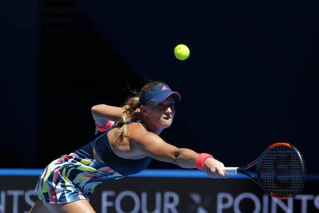 02.01.2017. Perth Arena, Perth, Australia. Mastercard Hopman Cup International Tennis tournament. Kristina Mladenovic (FRA) reaches for a back hand return innher match against Andrea Petkovic (GER). Petkovic won 6-2, 6-1. xDavidxWoodleyx  ActionPlus11824734