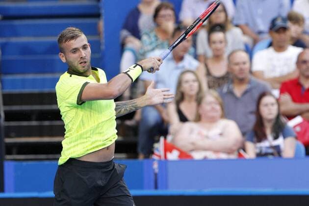 02.01.2017. Perth Arena, Perth, Australia. Mastercard Hopman Cup International Tennis tournament. Dan Evans (GBR) plays a fore hand in his match against Roger Federer (SUI). Federer won 6-3, 6-4. xDavidxWoodleyx  ActionPlus11824763