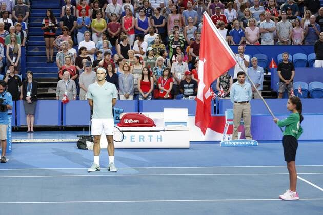 02.01.2017. Perth Arena, Perth, Australia. Mastercard Hopman Cup International Tennis tournament. Roger Federer (SUI) sings his countries national anthem before the start of his match against Britains Dan Evans. xDavidxWoodleyx  ActionPlus11824775