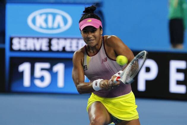 02.01.2017. Perth Arena, Perth, Australia. Mastercard Hopman Cup International Tennis tournament. Heather Watson (GBR) plays a back hand shot against Belinda Bencic (SUI) . Bencic won 7-5, 3-6, 6-2. xDavidxWoodleyx  ActionPlus11824830