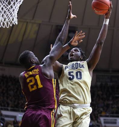 Jan 1, 2017 - Lafeyette, Indiana, U.S. - Purdue Boilermakers center Caleb Swanigan (50) scores against Minnesota Golden Gophers forward Bakary Konate (21) in the 1st half at Mackey Arena NCAA College League USA Basketball 2017- Minnesota 92-81 Purdue  - ZUMA 20170101_mda_l136_807