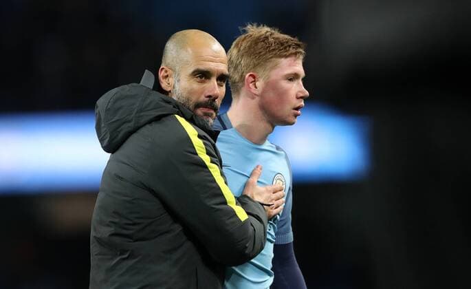 Manchester City Manager Pep Guardiola and Kevin De Bruyne of Manchester City after the English Premier League match at Etihad Stadium, Manchester. Picture date: January 2nd, 2017. Photo credit should read: Lynne Cameron Sportimage EDITORIAL USE ONLY. No use with unauthorised audio, video, data, fixture lists, club league logos or live services. Online in-match use limited to 120 images, no video emulation. No use in betting, games or single club league player publications.