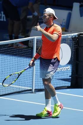 03.01.2017. Perth Arena, Perth, Australia. Mastercard Hopman Cup International Tennis tournament. Jack Sock gives the thumbs up after winning his match against Feliciano Lopez (ESP) on day three 3-6, 6-2, 6-3. xDavidxWoodleyx  ActionPlus11825347