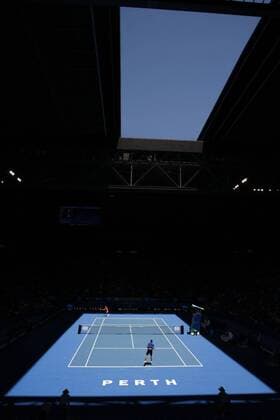 03.01.2017. Perth Arena, Perth, Australia. Mastercard Hopman Cup International Tennis tournament. Jack Sock (USA) and Feliciano Lopez (ESP) battle it out with the roof open in 38 degree heat. Sock won 3-6, 6-2, 6-3. xDavidxWoodleyx  ActionPlus11825335