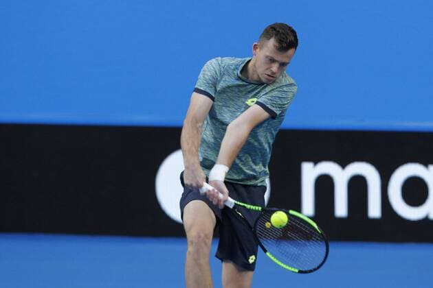 03.01.2017. Perth Arena, Perth, Australia. Mastercard Hopman Cup International Tennis tournament. Adam Pavlasek (CZE) plays a back hand shot in his match against Nick Kyrgios (AUS). Kyrgios won in straight sets 7-5, 6-4. xDavidxWoodleyx  ActionPlus11825364