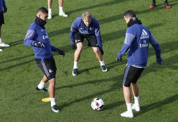 Casemiro, Odegaard, Cristiano Ronaldo. Real Madrid training session. In this picture, Casemiro, Odegaard and Cristiano Ronaldo. xPABLOxMORENOx 