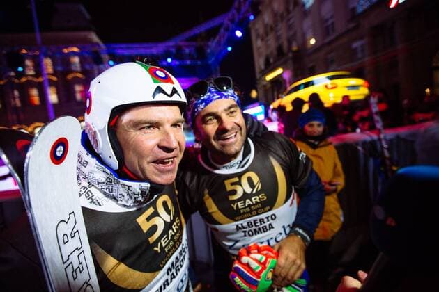 January 4, 2017 - Zagreb, Croatia - Alberto Tomba from ITA and Marc Girardelli from AUT during ski race winners of the FIS World Cup on the slopes of the Zagreb cathedral to the square Ban Jelacic Square, in Zagreb, Croatia, on January 4, 2017. FIS World Cup 2017  - ZUMAn230 20170104_zaa_n230_174