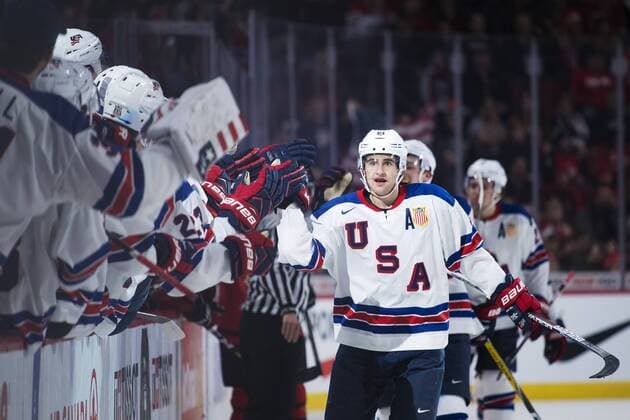 Eishockey, U20 WM, Finale, USA - Kanada 170105 USA:s Colin White jublar efter att ha kvitterat till 4-4 U20 WM, Finale, USA - Kanada Montreal.  Copyright: JOELxMARKLUND BB170105JM069