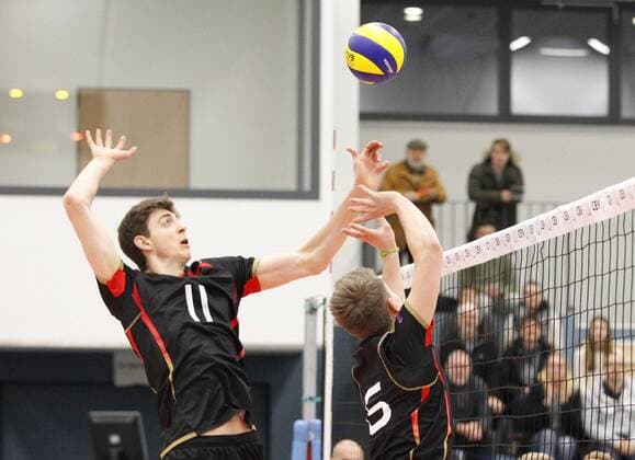 Volleyball Hessen - U21 U 21 WM-Qualifikation Männer 06.01.2017 Germany (schwarz) - Estonia (ws) v.l. Tobias Krick (Germany 11), Johannes Tille (Germany 6) Germany - Estonia