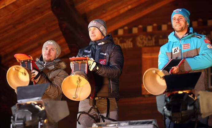 ALPINE SKIING - FIS WC Adelboden ADELBODEN,SWITZERLAND,07.JAN.17 - ALPINE SKIING - FIS World Cup, giant slalom, men, award ceremony. Image shows Marcel Hirscher (AUT), Alexis Pinturault (FRA) and Philipp Schoerghofer (AUT). Keywords: trophy. GEPAxpictures xHaraldxSteiner