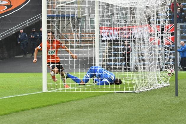 Fußball, Coupe de France, FC Lorient - OGC Nizza But de Mesloub Walid (FC Lorient) FOOTBALL : CDF - FC Lorient - OGC Nice - 08 01 2017 BrunoPerrel Panoramic 