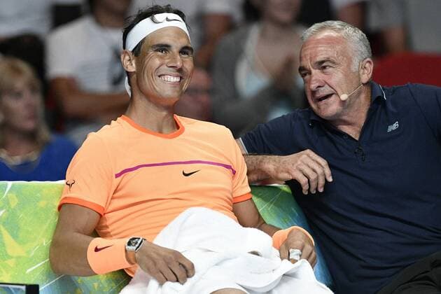09.01.17 Sydney, Australia. Rafael Nadal of Spain and Wally Masur chat during the FAST4 tennis at the ICC Sydney Theatre, Darling Harbour. Kyrgios won 3 sets to 1. xNigelxOwenx  ActionPlus11827828