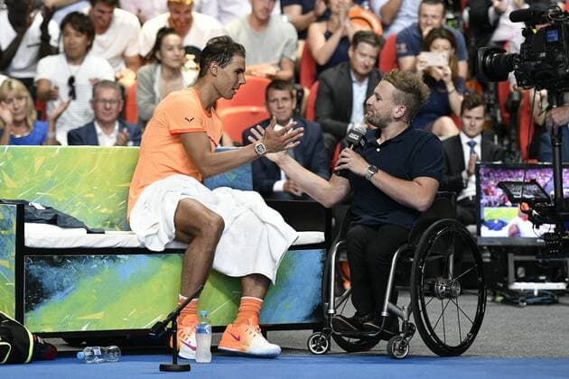 Themen der Woche - SPORT Bilder des Tages - SPORT 09.01.17 Sydney, Australia. Rafael Nadal of Spain and a commentator chat after the FAST4 tennis against Nick Kyrgios of Australia at the ICC Sydney Theatre, Darling Harbour. Kyrgios won 3 sets to 1. NSW Premier Mike Baird looks on in the background. xNigelxOwenx  ActionPlus11827836