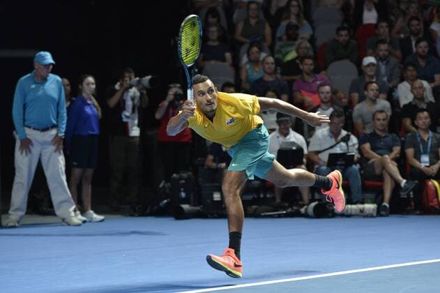 09.01.17 Sydney, Australia. Nick Kyrgios of Australia hits a return to Rafael Nadal of Spain during the FAST4 tennis at the ICC Sydney Theatre, Darling Harbour. Kyrgios won 3 sets to 1. xNigelxOwenx  ActionPlus11827811