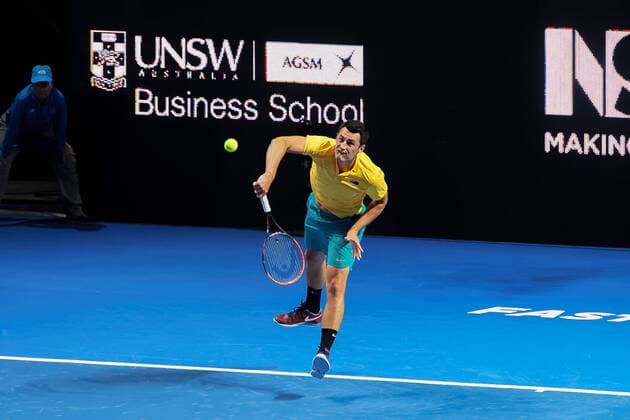 Australia: Fast 4 Tennis Showdowns Bernard Tomic (AUS) in action during the FAST4 Showdown AUS v WORLD played at the International Convention Center in Sydney. Bernard Tomic defeated Dominic Thiem 3-4 4-2 4-3 3-4 5-3 FOR EDITORIAL USE ONLY.Pacific Press Agency  HughxPeterswaldx xPacificxPress