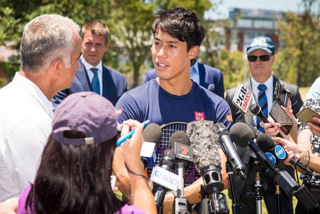 FAST4 Tennis Showdown AUS v WORLD Media Call World No.5 Kei Nishikori (JPN) speaks at a media call prior to the FAST4 Showdown AUS v WORLD to be played at the International Convention Center in Sydney. Fast4 Tennis has been described as the Tennis version of cricket s Twenty20. FOR EDITORIAL USE ONLY.Pacific Press Agency  HughxPeterswald PacificxPress