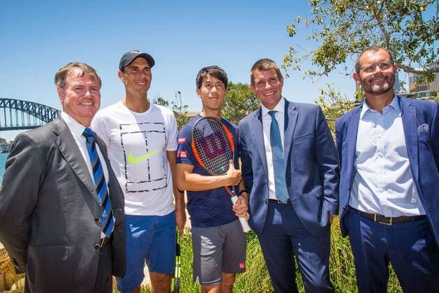FAST4 Tennis Showdown AUS v WORLD Media Call (L-R) Wally Masur, Team World Captain, Rafael Nadal (ESP), Kei Nishikori (JPN), New South Wales Premier Mike Baird and Tennis NSW CEO Dr Alistair MacDonald pictured at a media call prior to the FAST4 Showdown AUS v WORLD to be played at the International Convention Center in Sydney. Fast4 Tennis has been described as the Tennis version of cricket s Twenty20. FOR EDITORIAL USE ONLY.Pacific Press Agency  HughxPeterswald PacificxPress