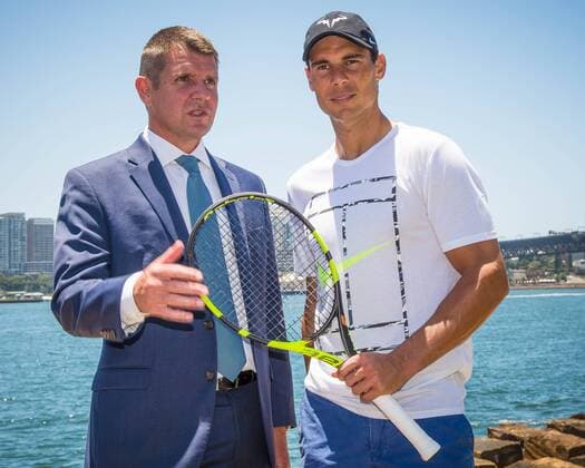 FAST4 Tennis Showdown AUS v WORLD Media Call New South Wales Premier Mike Baird and World No. 9 Rafael Nadal (ESP) pictured on the shore of Sydney Harbour prior to the FAST4 Showdown AUS v WORLD to be played at the International Convention Center in Sydney. Fast4 Tennis has been described as the Tennis version of cricket s Twenty20. FOR EDITORIAL USE ONLY.Pacific Press Agency  HughxPeterswald PacificxPress