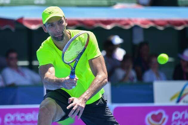 January 10, 2017: Ivo Karlovic (CRO) in action against Gilles Simon (FRA) on day one of the 2017 Priceline Pharmacy Kooyong Classic tournament at the Kooyong Lawn Tennis Club in Melbourne, Australia. Karlovic won 64 65 10. Cal Media Tennis 2017: Kooyong Classic JAN 10 - ZUMAc04_ 20170110_zaf_c04_028