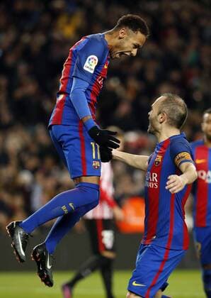 FC Barcelona Barca s Brazilian striker Neymar Jr. jubilates the 2-0 goal against Athletic Bilbao with teammate Andres Iniesta during their King s Cup round of 16 second leg match at Camp Nou stadium in Barcelona, Catalonia, Spain, 11 January 2017. FC BARCELONA VS. ATHLETIC BILBAO !ACHTUNG: NUR REDAKTIONELLE NUTZUNG!  BCN001 20170111-636197712597112633