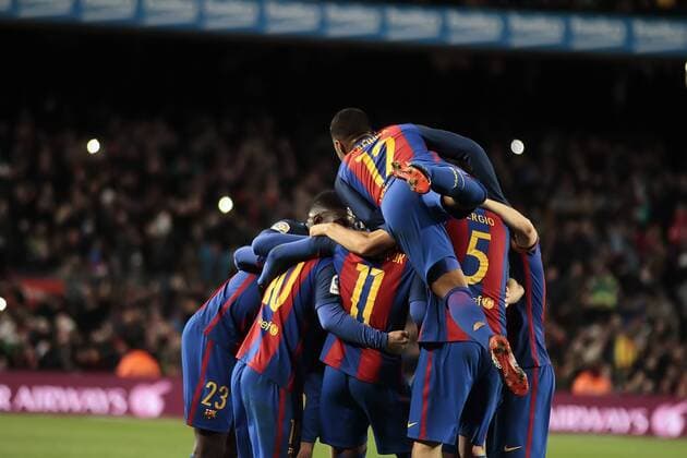 FuÃŸball, Copa del Rey, FC Barcelona - Athletic Bilbao 11.01.2017, Nou Camp, Barcelona, Spain. Copa del Rey, 2nd leg. FC. Barcelona versus Athletico Bilbao. Messi s goal celebration with team mates xAngelxBoludax  ActionPlus11828383