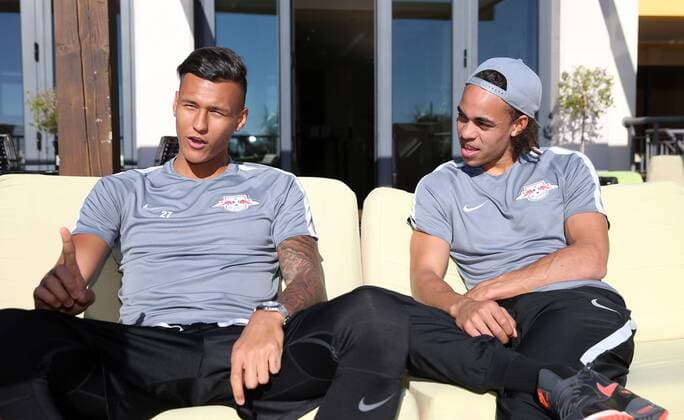 RB Leipzig - Training Fussball 1.BL Lagos, Portugal, 09.01.2017, Cascade Resort Hotels, Fussball, 1. BL, GER , RB LEIPZIG - Trainingslager an der Algarve vom 4. - 12. Januar. , Im Bild: Davie Selke (l.) und Yussuf Poulsen. ,