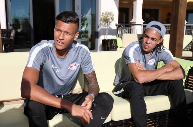 RB Leipzig - Training Fussball 1.BL Lagos, Portugal, 09.01.2017, Cascade Resort Hotels, Fussball, 1. BL, GER , RB LEIPZIG - Trainingslager an der Algarve vom 4. - 12. Januar. , Im Bild: Davie Selke (l.) und Yussuf Poulsen. ,