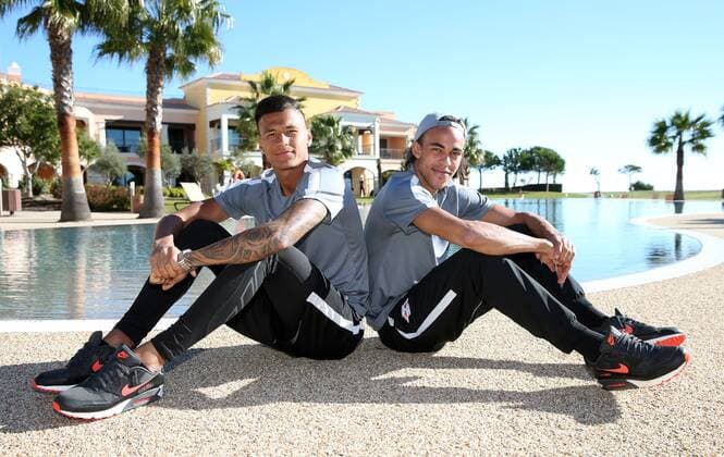 RB Leipzig - Training Fussball 1.BL Lagos, Portugal, 09.01.2017, Cascade Resort Hotels, Fussball, 1. BL, GER , RB LEIPZIG - Trainingslager an der Algarve vom 4. - 12. Januar. , Im Bild: Davie Selke (l.) und Yussuf Poulsen. ,