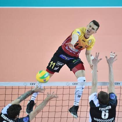 STEVEN MARSHALL (left down) and FELIX FISCHER (right down) of Berlin Recycling Volleys and SLAWOMIR STOLC (centre) of Dukla Liberec in action during the Men s Volleyball Champions League 3rd round B group match: Dukla Liberec vs Berlin in Liberec, Czech Republic, January 18, 2017. (CTKxPhoto RadekxPetrasek) CTKPhotoP201701180982601  PER 2