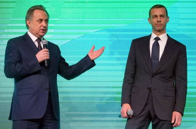 ST PETERBURG, RUSSIA - JANUARY 19, 2017: Russia s Deputy Prime Minister Vitaly Mutko (L) and UEFA President Aleksander Ceferin at the launch of the logo for St Petersburg, one of 13 cities to host 2020 UEFA European Football Championship matches. Alexander Demianchuk TASS  TS03E5D4