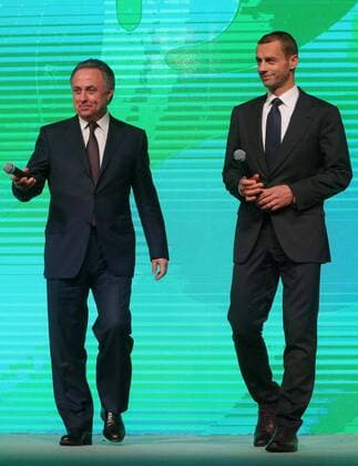 ST PETERBURG, RUSSIA - JANUARY 19, 2017: Russia s Deputy Prime Minister Vitaly Mutko (L) and UEFA President Aleksander Ceferin at the launch of the logo for St Petersburg, one of 13 cities to host 2020 UEFA European Football Championship matches. Alexander Demianchuk TASS  TS03E5D5