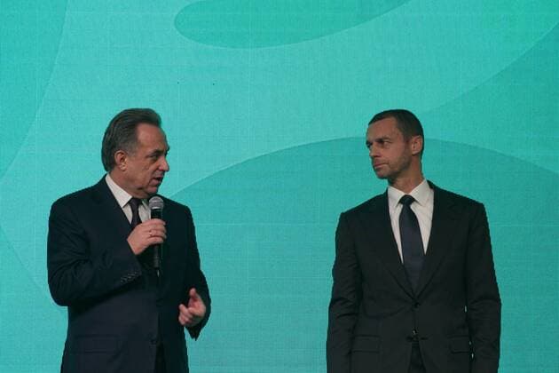 Of The Russian Federation. Saint-Petersburg. The Manege of the First cadet corps in St. Petersburg. Presentation of the official logo of the city as one of the organizers of Euro 2020. UEFA President Alexander Ceferin, founder and Vitaly Mutko. MaksimxKonstantinov 