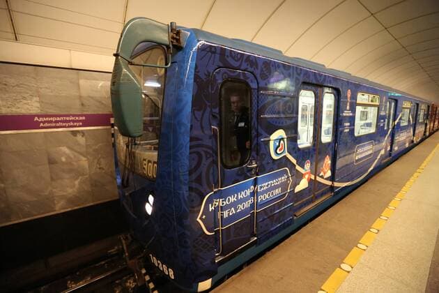 January 19, 2017. - Russia, Saint Petersburg. - St.Petersburg launches metro train dedicated to FIFA 2017 Confederations Cup. In picture: a new train dedicated to FIFA 2017 Confederations Cup is seen here at Kretovsky Ostrov station of the St. Petersburg metro. PhotoagencyxInterpress 