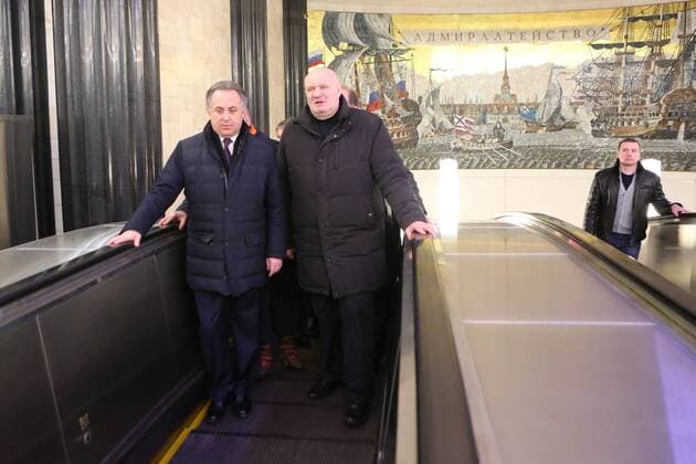 January 19, 2017. - Russia, Saint Petersburg. - St.Petersburg launches metro train dedicated to FIFA 2017 Confederations Cup. In picture: Russian Deputy Prime Minister Vitaly Mutko (left) and Head of the St. Petersburg metro Vladimir Garyugin. PhotoagencyxInterpress 