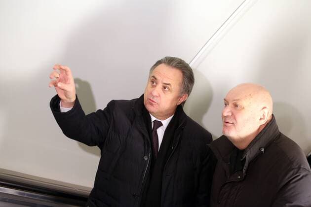 January 19, 2017. - Russia, Saint Petersburg. - St.Petersburg launches metro train dedicated to FIFA 2017 Confederations Cup. In picture: Russian Deputy Prime Minister Vitaly Mutko (left) and Head of the St. Petersburg metro Vladimir Garyugin. PhotoagencyxInterpress 