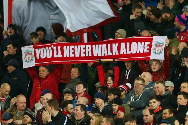 Liverpool fans hold up a You ll Never Walk Alone banner in the Kop during the EFL Cup, Semi-Final, 2nd Leg match at Anfield Stadium, Liverpool. Picture date: January 25th, 2017. Pic credit should read: Matt McNulty Sportimage EDITORIAL USE ONLY. No use with unauthorised audio, video, data, fixture lists, club league logos or live services. Online in-match use limited to 120 images, no video emulation. No use in betting, games or single club league player publications.