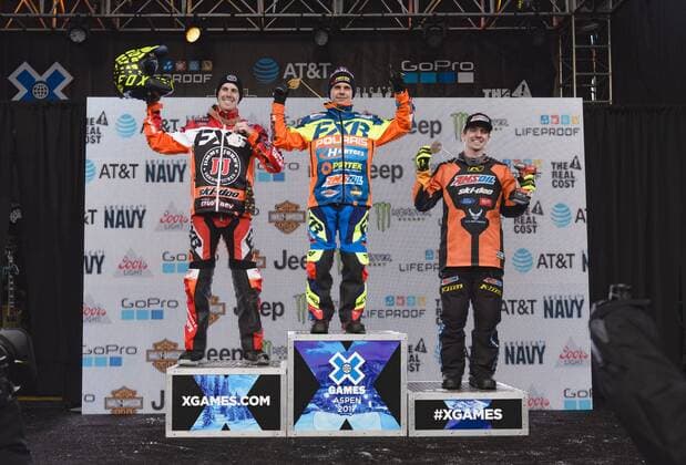 January 26, 2017 - PETTER NARSA wins his fist gold medal in Snowmobile Snocross, with ADAM RENHEIM and LINCOLN LEMIEUX taking silver and bronze medal positions. Nine-time SnoCross Gold medalist Tucker Hibbert finished in fourth this year. XGames Aspen 2017 - ZUMAf133 76681782st Copyright: xMarshallxFosterx