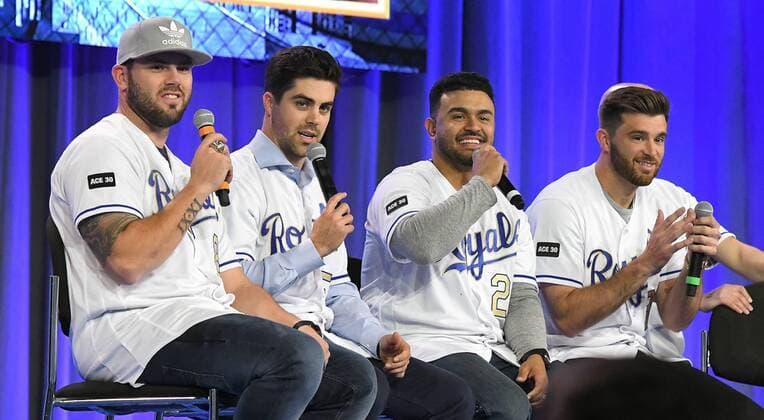January 28, 2017 - Kansas City, MO, USA - Kansas City Royals players, from left, Mike Moustakas, Whit Merrifield, Christian Colon and Drew Butera, during the team s FanFest at Bartle Hall in Kansas City, Mo., on Saturday, Jan. 28, 2017. Kansas City Royals FanFest - ZUMAm67_ 20170128_zaf_m67_003 Copyright: xJohnxSleezerx