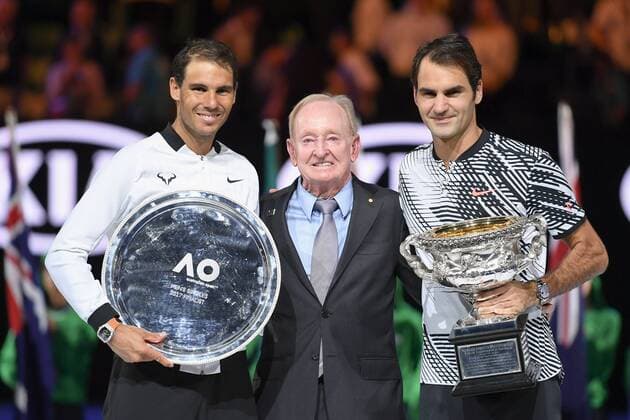 Themen der Woche - SPORT Bilder des Tages - SPORT Bilder des Tages - SPORT Roger Federer gewinnt die Australian Open January 29, 2017: Roger Federer of Switzerland poses for photographs with Rod Laver and Rafael Nadal of Spain after winning the Men s Final on day 14 of the 2017 Australian Open Grand Slam tennis tournament in Melbourne, Australia. Cal Media Tennis 2017: Australian Open Jan 29 - ZUMAc04_ 20170129_zaf_c04_049 Copyright: xSydneyxLowx