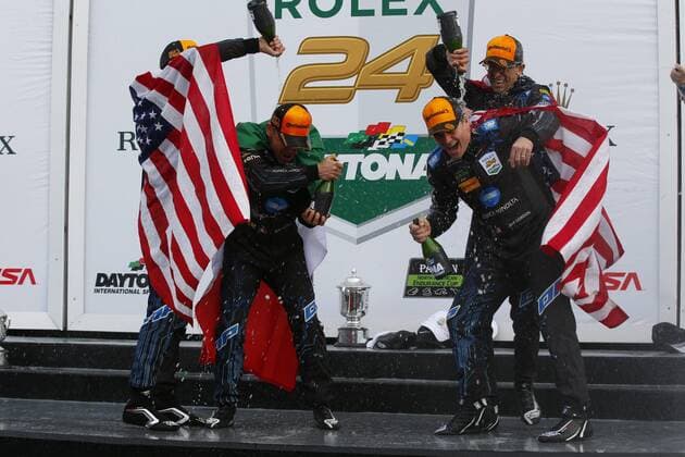 January 29, 2017 - Daytona Beach, Florida, United States of America - January 29, 2017 - Daytona Beach, Florida, USA: Jeff Gordon celebrates winning the Rolex 24 at Daytona by spraying champagne with his teammates following the Rolex 24 At Daytona at Daytona International Speedway in Daytona Beach, Florida. IMSA 2017: IMSA WeatherTech SportsCar Championship Rolex 24 At Daytona January 29 - ZUMAa161 20170129_zaa_a161_108 Copyright: xJustinxR.xNoexAspxIncx