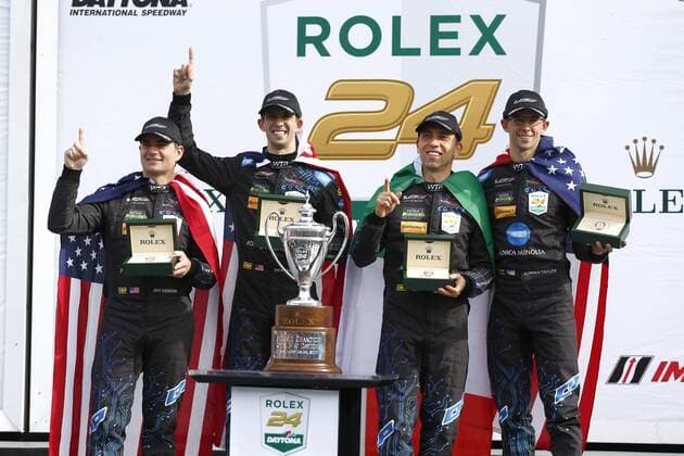 January 29, 2017 - Daytona Beach, Florida, United States of America - January 29, 2017 - Daytona Beach, Florida, USA: The Wayne Taylor Racing Konica Minolta Business Solutions USA Cadillac DPI team of Jeff Gordon, Ricky Taylor, Max Angelelli and Jordan Taylor celebrate in victory lane after winning the Rolex 24 at Daytona at the Rolex 24 At Daytona at Daytona International Speedway in Daytona Beach, Florida. IMSA 2017: IMSA WeatherTech SportsCar Championship Rolex 24 At Daytona January 29 - ZUMAa161 20170129_zaa_a161_081 Copyright: xChrisxOwensxAspxIncx