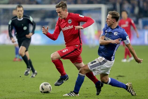 Fußball 1. Bundesliga 18. Spieltag FC Schalke 04 - Eintracht Frankfurt am 27.01.2017 in der Veltins-Arena in Gelsenkirchen Bastian Oczipka ( Frankfurt ), links - Benedikt Höwedes ( Schalke ), rechts xMEx