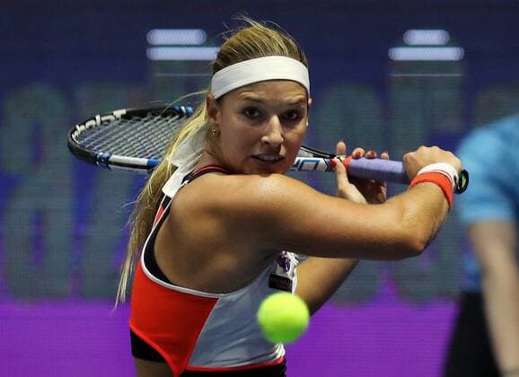 Russia, St. Petersburg, on January 30, 2017. International female tennis tournament St. Petersburg Ladies Trophy-2016 . In picture: Dominica Cibulkova (Slovakia) in quarterfinal match of female singles of the St.Petersburg Ladies Trophy 2017 tournament.