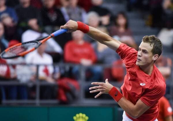 February 3, 2017 - Ottawa, Ontario, Canada - OTTAWA, ON - FEBRUARY 3: Vasek Pospisil of Canada in action during Davis Cup World Group tie between Canada and Great Britain at TD Place Arena on February 3, 2017 in Ottawa, Ontario, Canada...PHOTO: Tennis: Canada v GB: Davis Cup by BNP Paribas World Group First Round - ZUMAk120 20170203_zap_k120_025 Copyright: xStevexKingsmanx