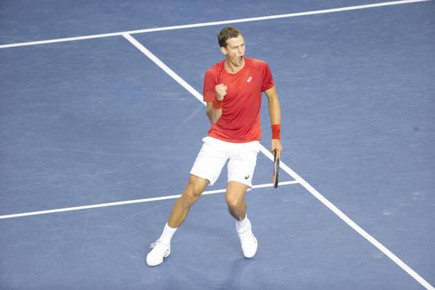 on February 03, 2017, at TD Place Arena Vasek Pospisil of Canada celebrates his 3-0 victory over Kyle Edmund of Great Britain in the BNP Paribas Davis Cup Tennis Canada v Great Britain team match on February 03, 2017, at TD Place Arena in Ottawa, Canada. (Photo by Sean Burges Icon Sportswire) TENNIS: FEB 03 Davis Cup Icon17010314 EDITORIAL USE ONLY