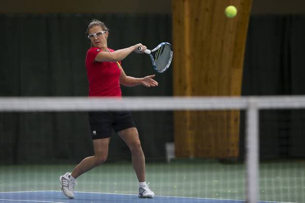 Belgian Kirsten Flipkens pictured during a training session ahead of a press conference PK Pressekonferenz of the Belgian Fed Cup team in Wilrijk, Antwerp, Saturday 04 February 2017. On February 11 and 12, Belgium and Romania will play their first round match in the World Group II in Bucharest, Romania. KRISTOFxVANxACCOM  x05039673x