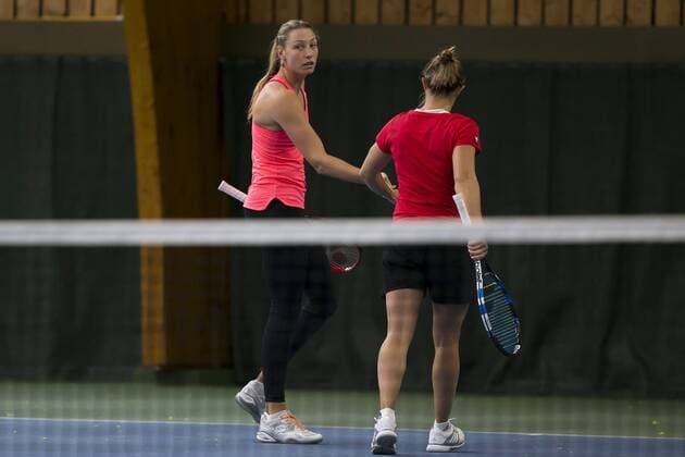 Belgian Yanina Wickmayer and Belgian Kirsten Flipkens pictured during a press conference PK Pressekonferenz of the Belgian Fed Cup team in Wilrijk, Antwerp, Saturday 04 February 2017. On February 11 and 12, Belgium and Romania will play their first round match in the World Group II in Bucharest, Romania. KRISTOFxVANxACCOM  x05039665x