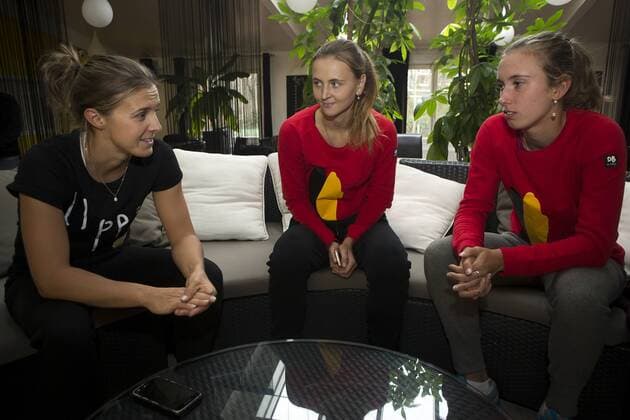 Belgian Kirsten Flipkens, Belgian Maryna Zanevska and Belgian Elise Mertens pictured during a press conference PK Pressekonferenz of the Belgian Fed Cup team in Wilrijk, Antwerp, Saturday 04 February 2017. On February 11 and 12, Belgium and Romania will play their first round match in the World Group II in Bucharest, Romania. KRISTOFxVANxACCOM  x05039693x